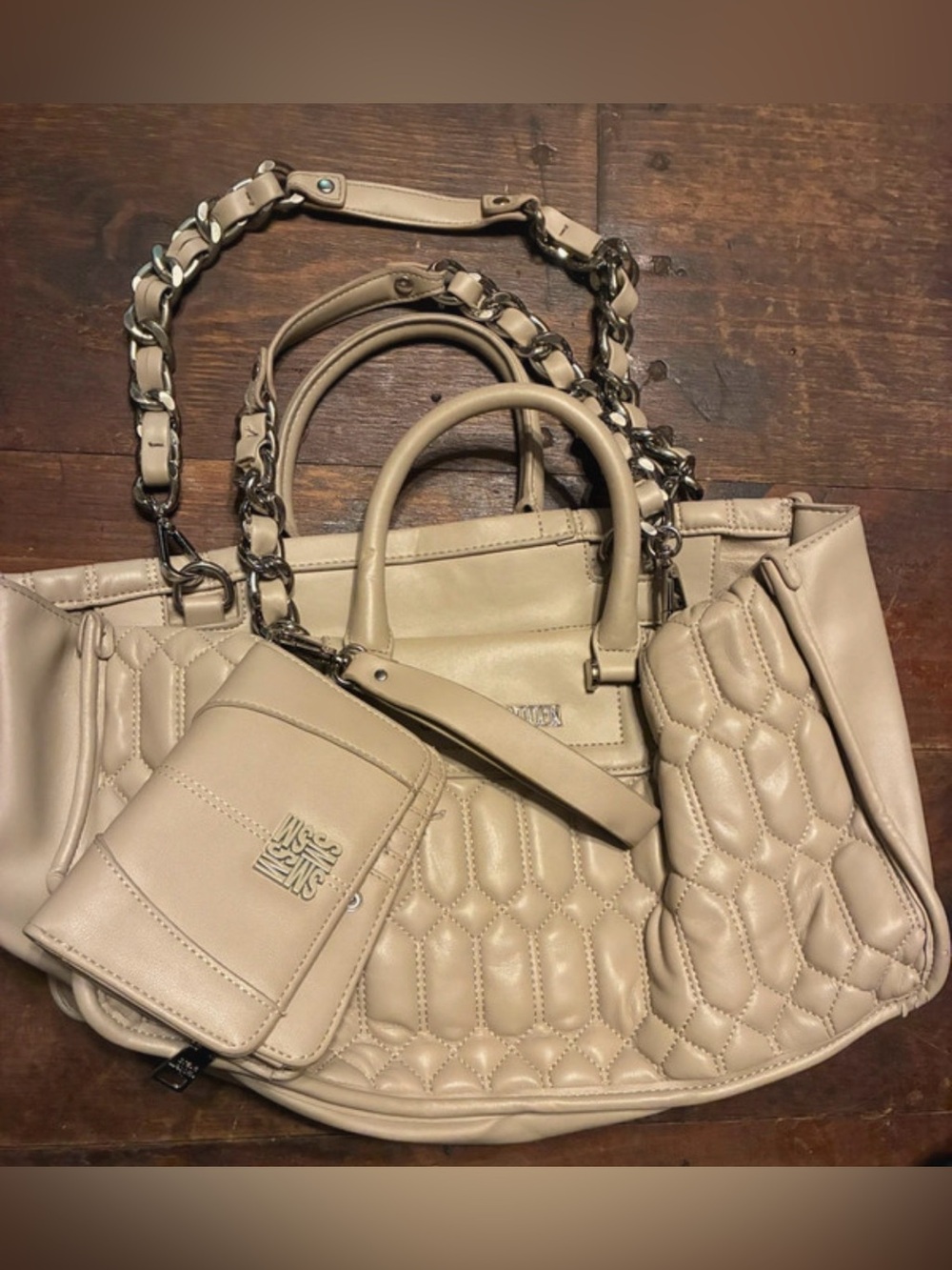 Steve Madden Beige Quilted Shoulder Tote with Chain Strap
